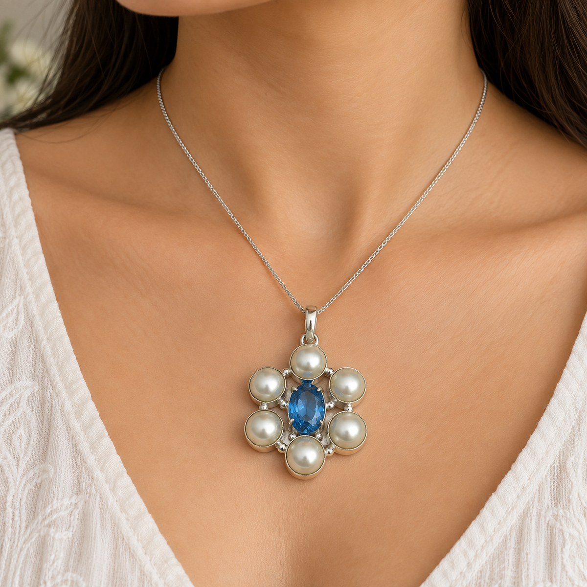 Blue Topaz Pearl Pendant Silver Gemstone Jewelry Elegant Boho Gift PEN151-SLV-NPRL-LBT07