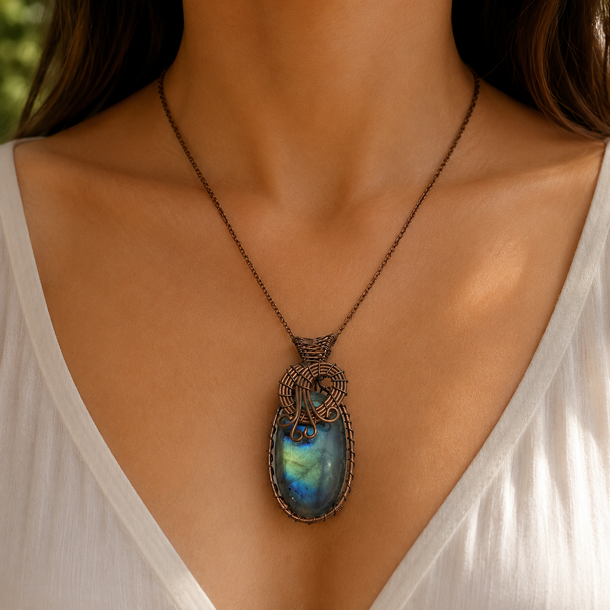 Labradorite Wire Wrapped Pendant, Copper Jewelry, Boho Statement Gift PEN168-CPR-NLBD01