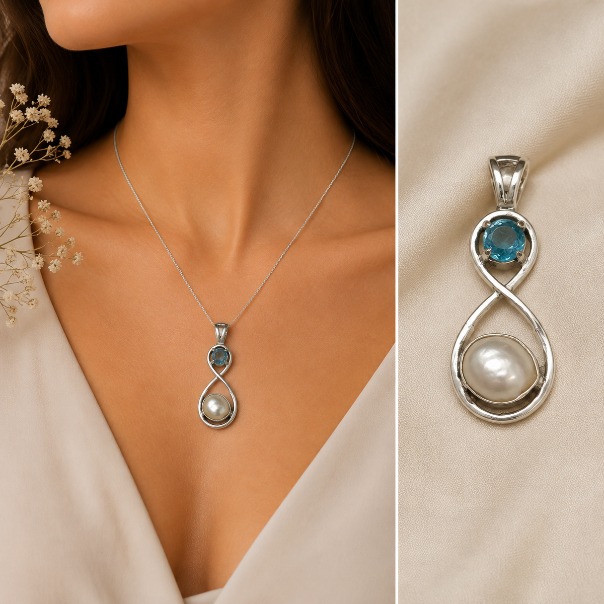 Blue Topaz Pearl Silver Pendant | Elegant Handmade Statement Jewelry PEN177-SLV-NPRL-LBT02