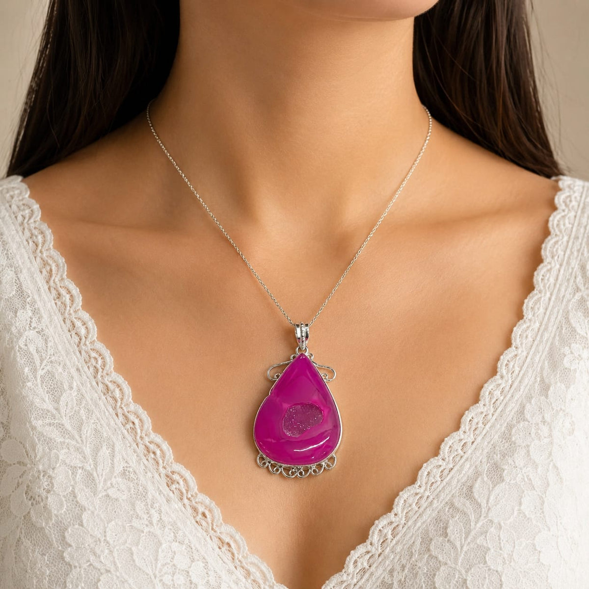 Pink Geode Agate Pendant Silver Teardrop Boho Statement Jewelry PEN190-SLV-NGD01