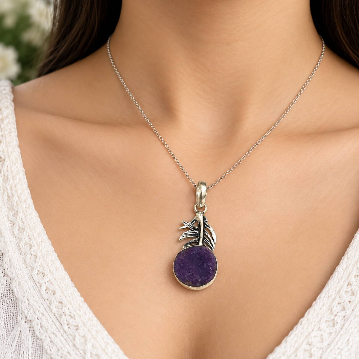 Amethyst Druzy Leaf Pendant Silver Botanical Boho Gemstone Jewelry PEN194-SLV-NPDY01
