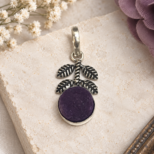 Purple Druzy Leaf Pendant Silver Botanical Boho Jewelry PEN196-SLV-NPDY01