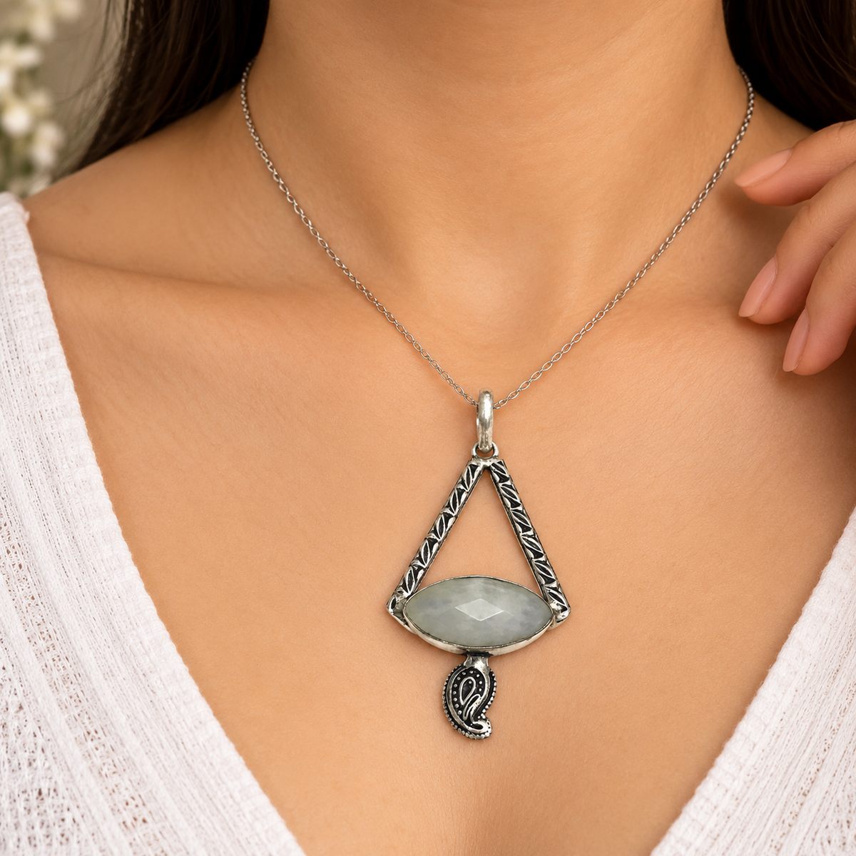 Moonstone Pendant Boho Geometric Paisley Charm Antique Silver PEN204-SLV-NMS01