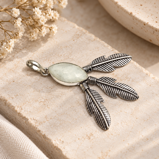 Moonstone Feather Pendant Boho Nature Charm Antique Silver Tone Jewelry PEN206-SLV-NMS01