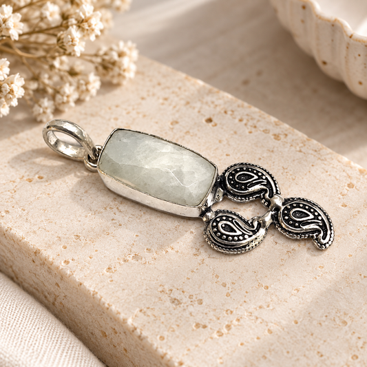 Moonstone Paisley Pendant Ethnic Charm Antique Silver Tone Jewelry PEN211-SLV-NMS01