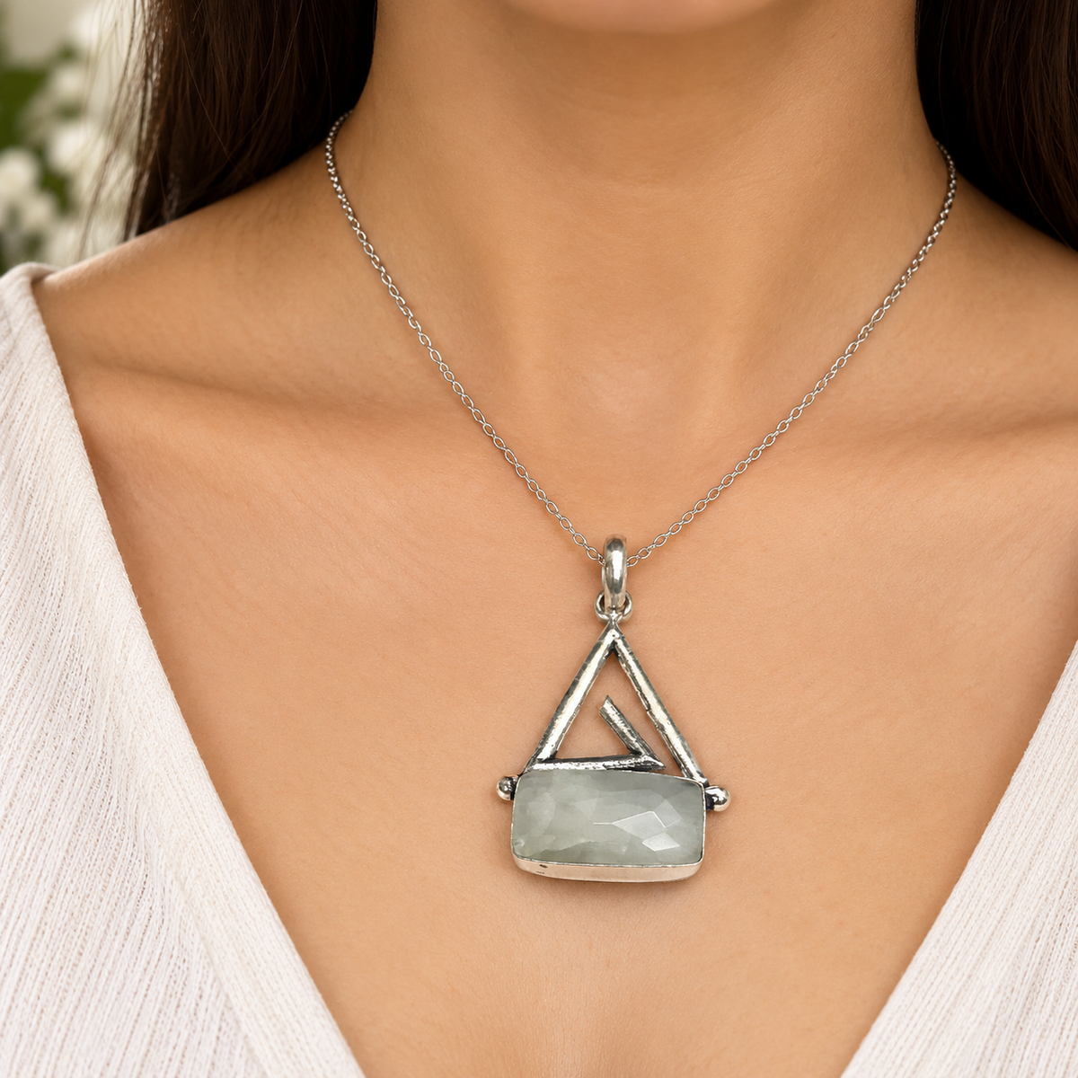 Moonstone Geometric Pendant Charm Silver Tone Gemstone Jewelry PEN213-SLV-NMS01