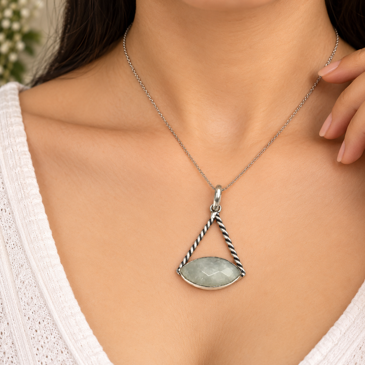 Moonstone Marquise Pendant Twisted Frame Charm Silver Tone Jewelry PEN214-SLV-NMS01