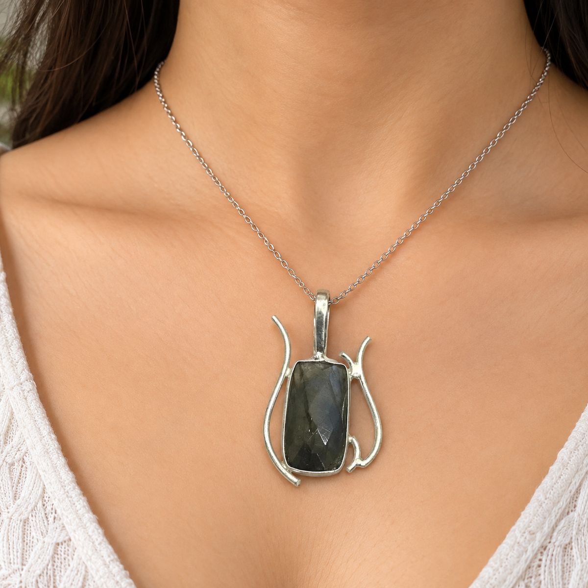 Labradorite Silver Pendant Modern Boho Statement Jewelry Handmade Gift PEN222-SLV-NLBD01