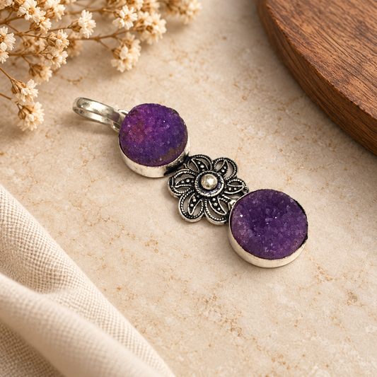 Purple Druzy Silver Pendant Floral Boho Statement Jewelry Elegant Gift PEN223-SLV-NPDY02