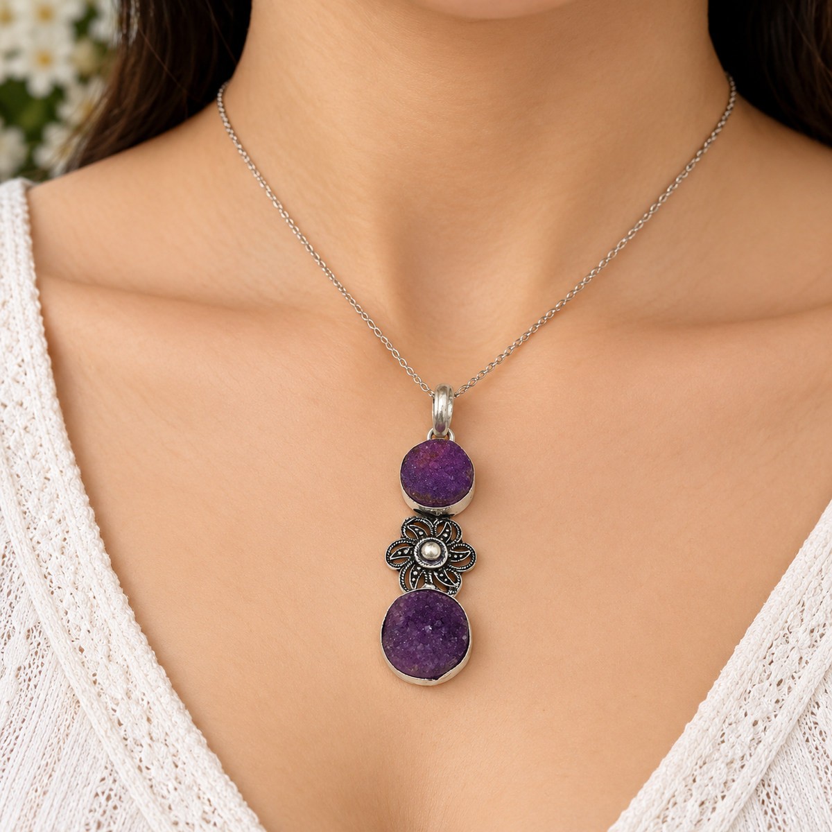 Purple Druzy Silver Pendant Floral Boho Statement Jewelry Elegant Gift PEN223-SLV-NPDY02