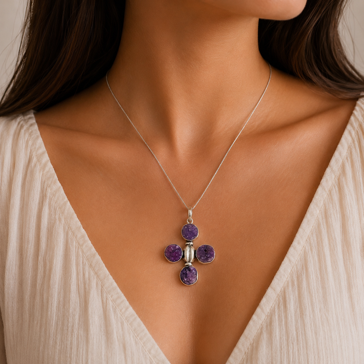 Purple Druzy Cross Pendant Silver Tone Statement Jewelry Boho Gift PEN225-SLV-NPDY04