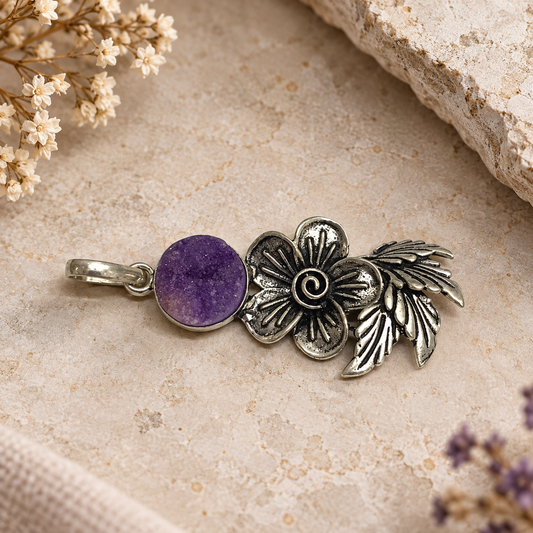 Natural Purple Druzy Silver Pendant Floral Boho Gemstone Jewelry PEN227-SLV-NPDY01