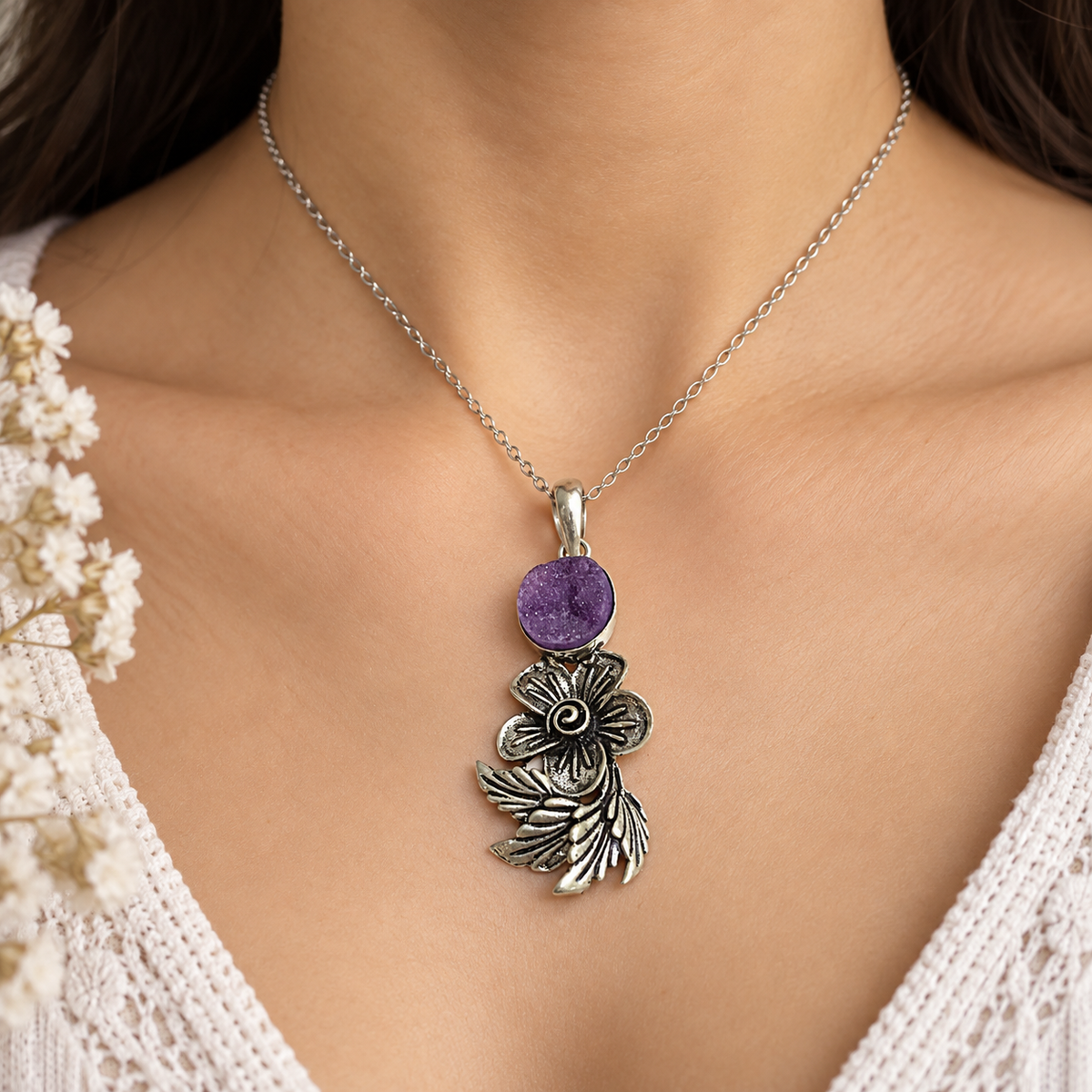 Natural Purple Druzy Silver Pendant Floral Boho Gemstone Jewelry PEN227-SLV-NPDY01
