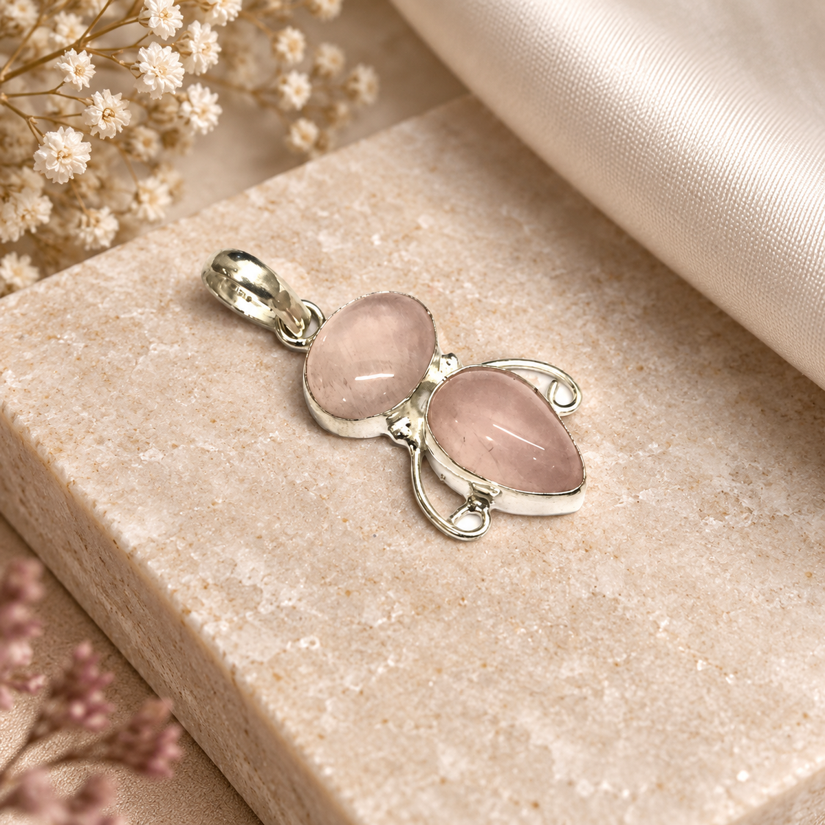 Rose Quartz Silver Pendant Double Stone Jewelry Elegant Handmade Gift PEN229-SLV-NRQ02