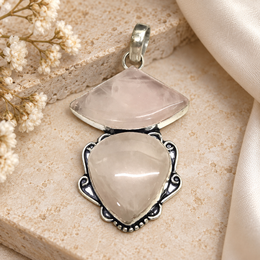 Rose Quartz Statement Pendant, Vintage Boho Style Jewelry PEN230-SLV-NRQ02