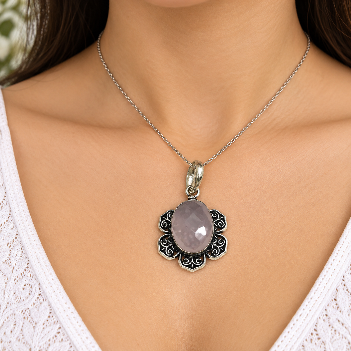 Rose Quartz Silver Pendant Floral Statement Jewelry, Elegant Gift PEN231-SLV-NRQ01