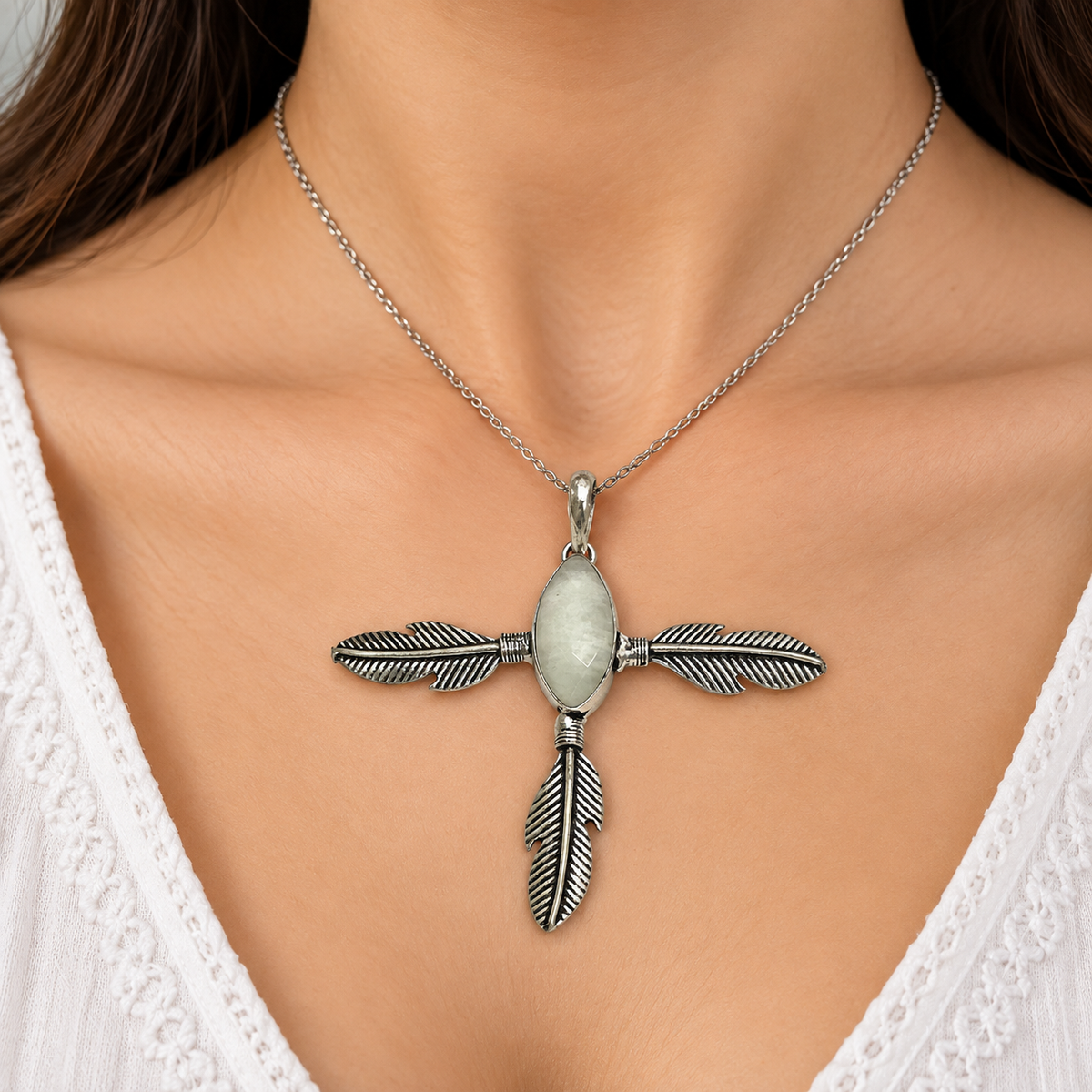 Boho Feather Arrow Pendant Natural Stone Silver Necklace PEN239-SLV-NMS01