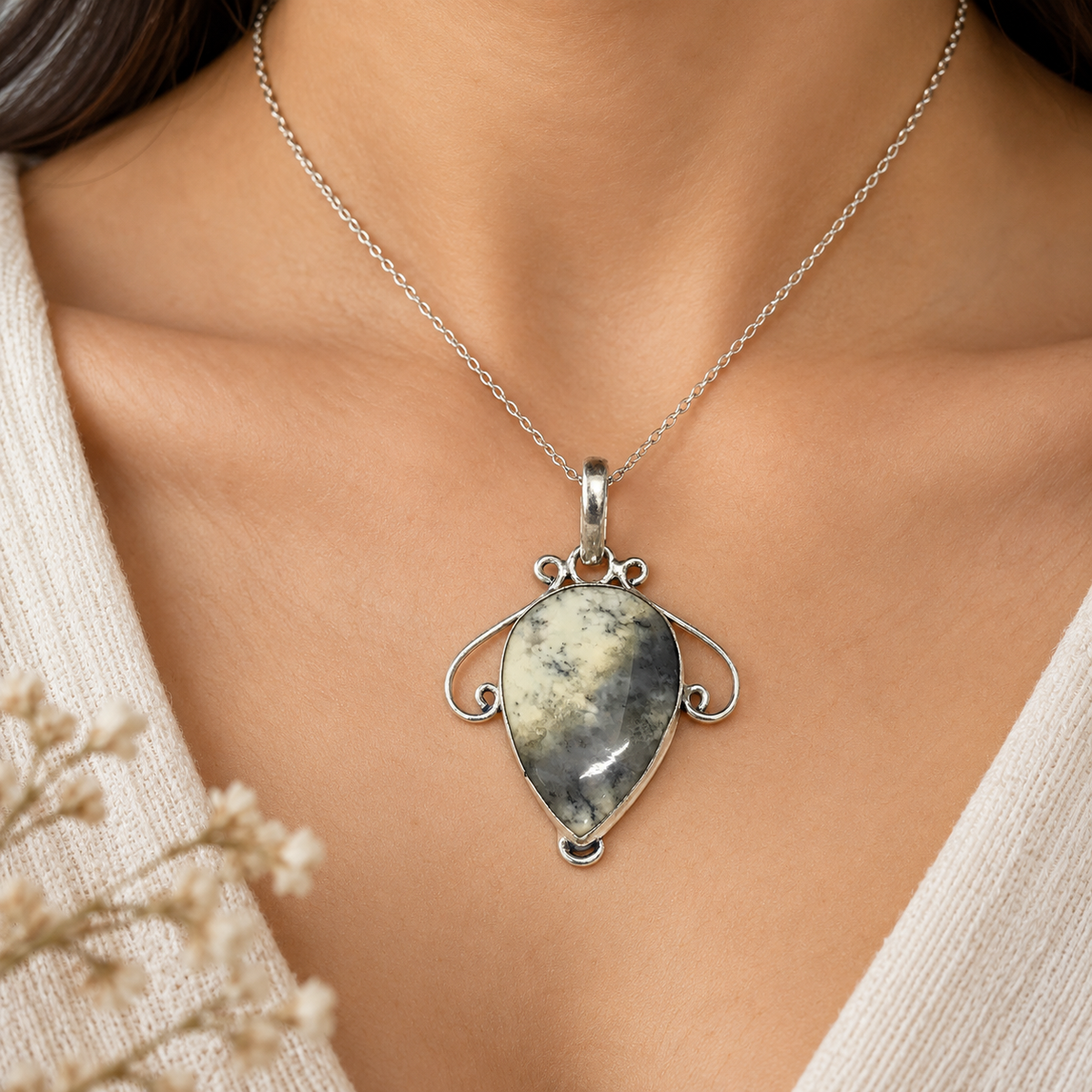 Dendritic Agate Pendant Boho Silver Tone Statement Jewelry PEN256-SLV-NDAG01