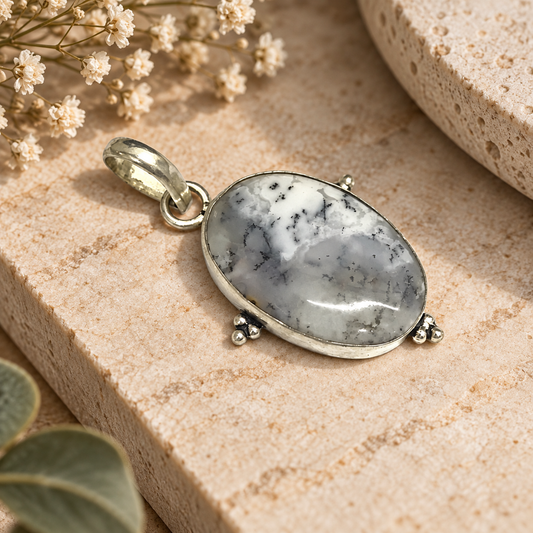 Dendritic Agate Oval Pendant Boho Silver Tone Natural Jewelry PEN257-SLV-NDAG01