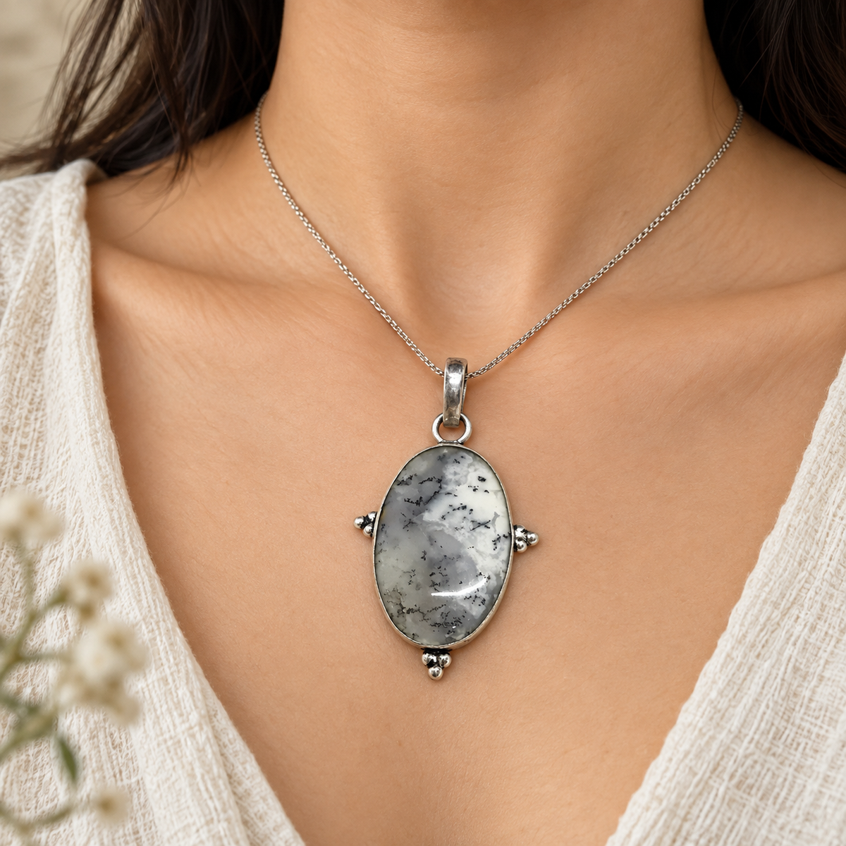 Dendritic Agate Oval Pendant Boho Silver Tone Natural Jewelry PEN257-SLV-NDAG01