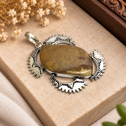 Fossil Coral Pendant Natural Stone Silver Statement Jewelry PEN288-SLV-NFC01