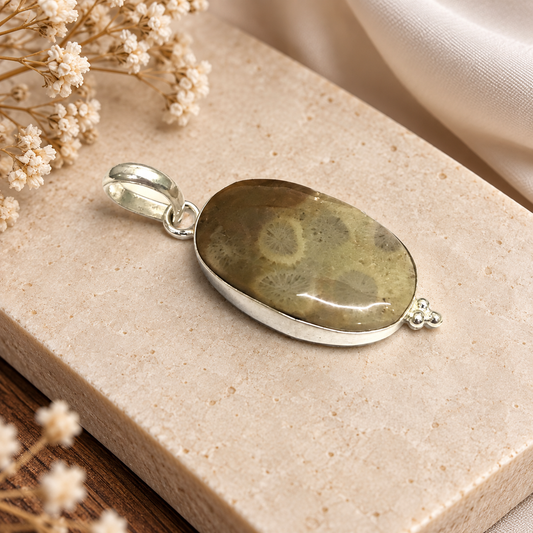 Fossil Coral Pendant Natural Stone Silver Statement Jewelry PEN292-SLV-NFC01