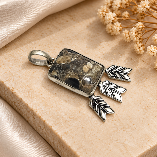 Turritella Fossil Pendant, Leaf Silver Boho Statement Jewelry PEN300-SLV-NTT01