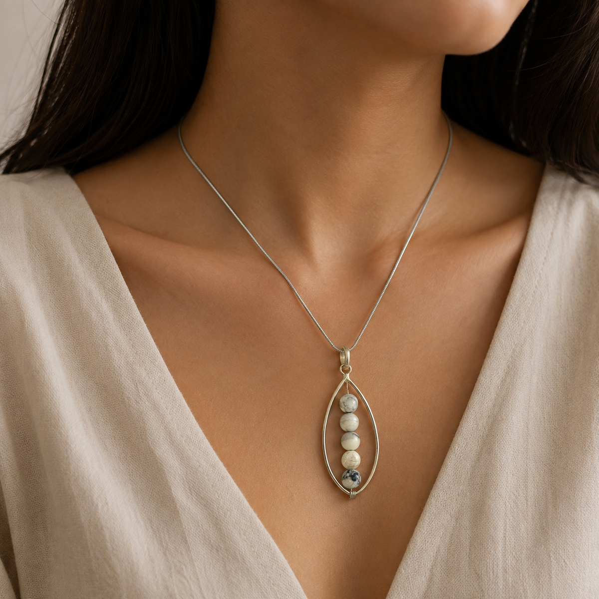 White Howlite Pendant, Silver Teardrop Minimal Boho Jewelry PEN309-SLV-NHWT05