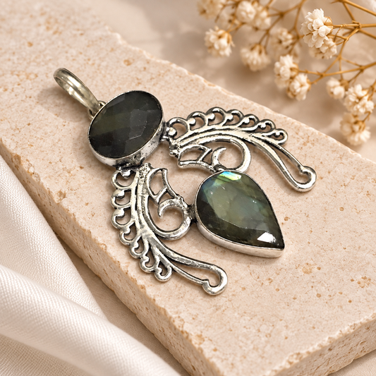 Labradorite Double Stone Pendant Ornate Silver Boho Jewelry PEN311-SLV-NLBD02