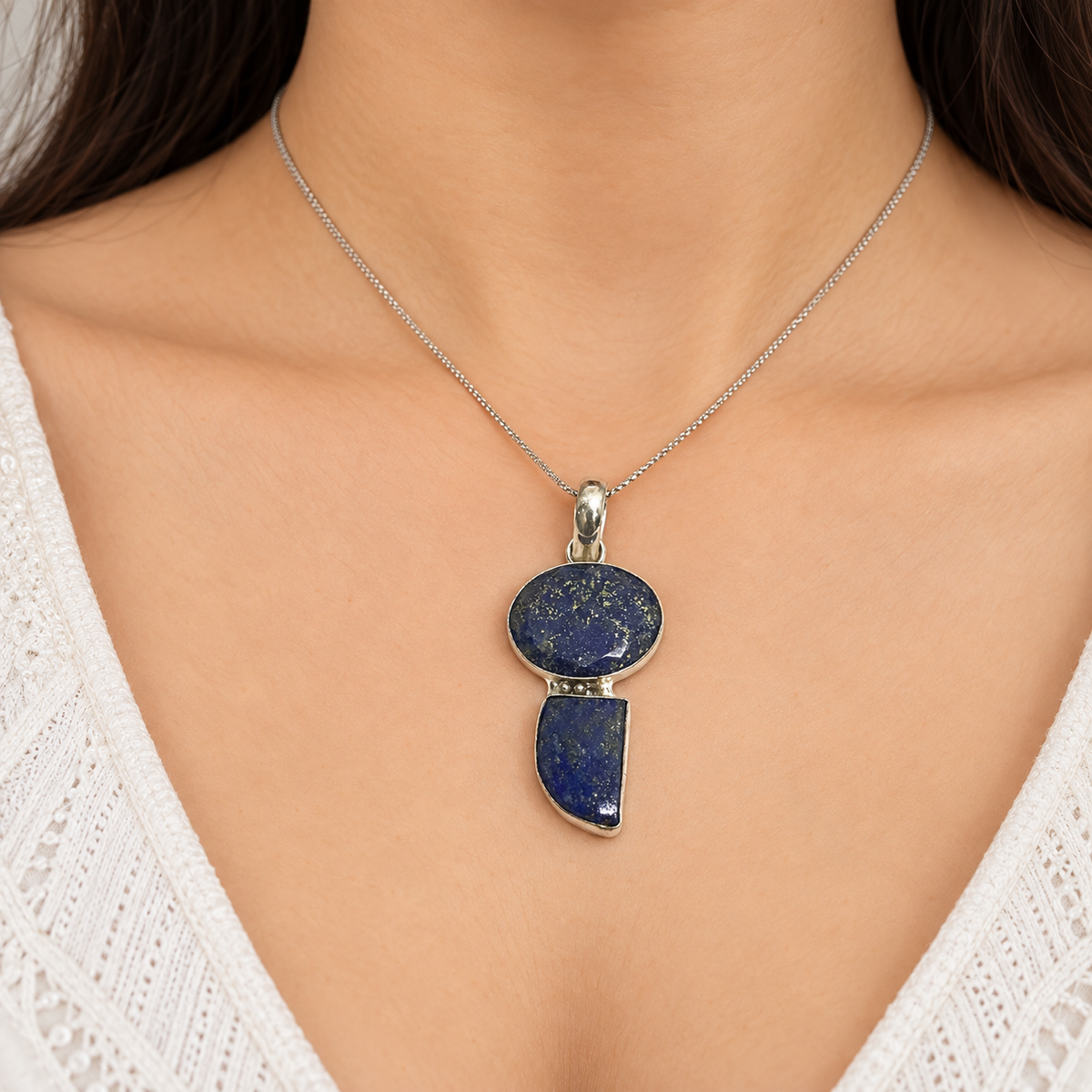 Lapis Lazuli Gemstone Pendant, Blue Stone Silver Boho Jewelry PEN315-SLV-NLLZ02