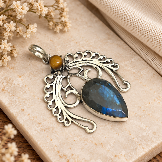 Natural Labradorite Tiger eye Pendant Blue Gemstone Silver Jewelry PEN317-SLV-NLBD-NTE02