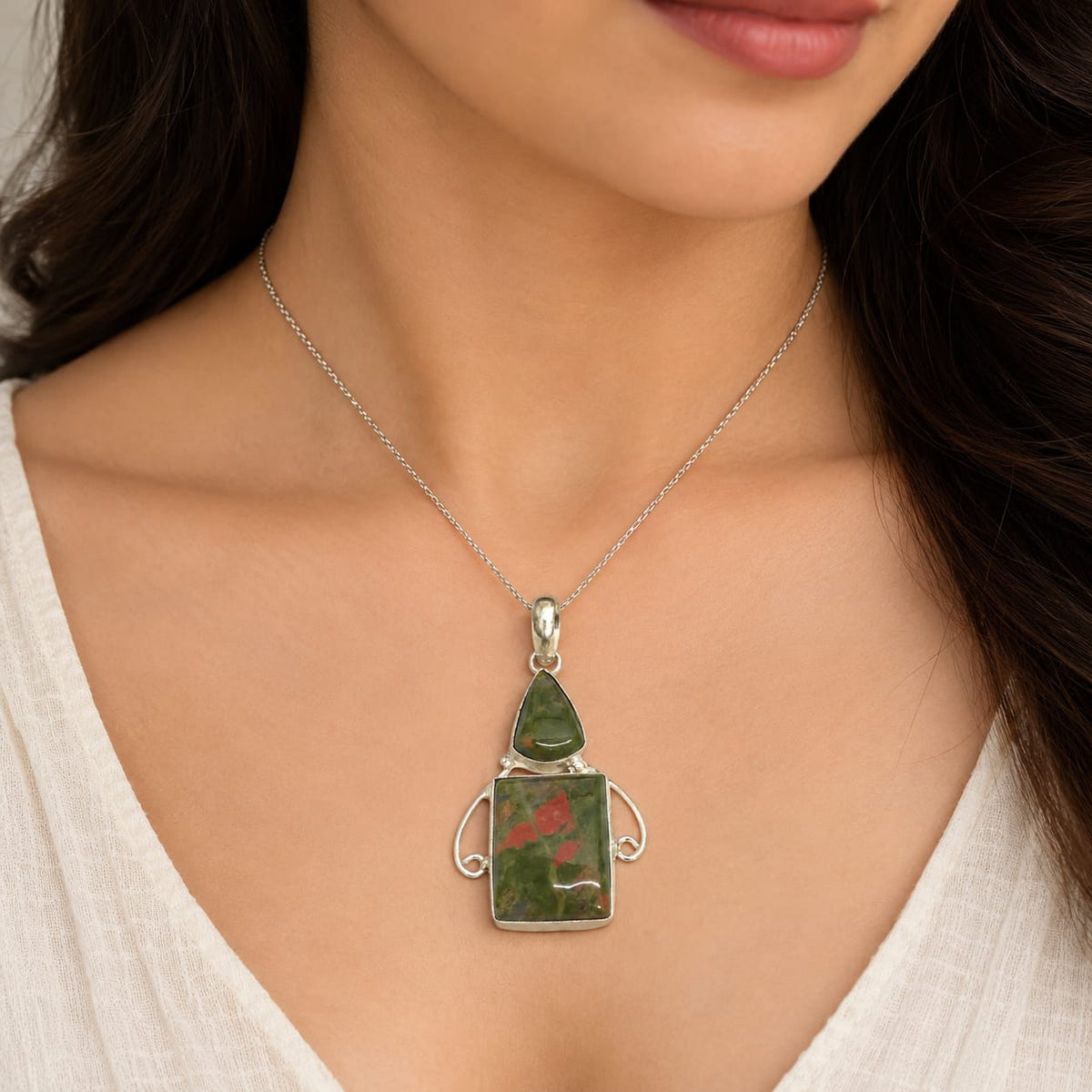 Natural Unakite Gemstone Pendant, Silver Boho Statement Jewelry PEN318-SLV-NRUN02