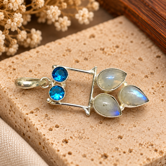 Moonstone Blue Topaz Pendant, Silver Tone Boho Gemstone Jewelry PEN323-SLV-NMS-LBT05