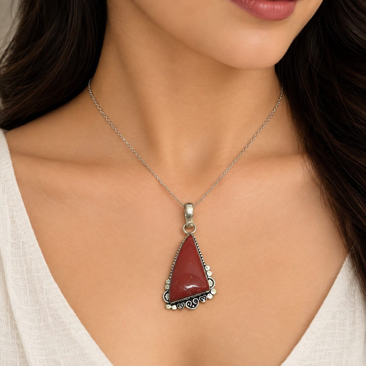 Red Jasper Pendant Silver Tribal Boho Gemstone Jewelry PEN325-SLV-NJR01