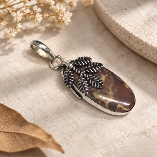 Natural Coconut jasper Leaf Pendant Boho Botanical Gemstone Jewelry PEN328-SLV-NCCJR01