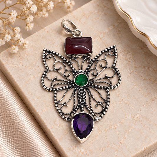Multicolor Gemstone Butterfly Pendant Silver Boho Statement PEN334-SLV-LMUL03