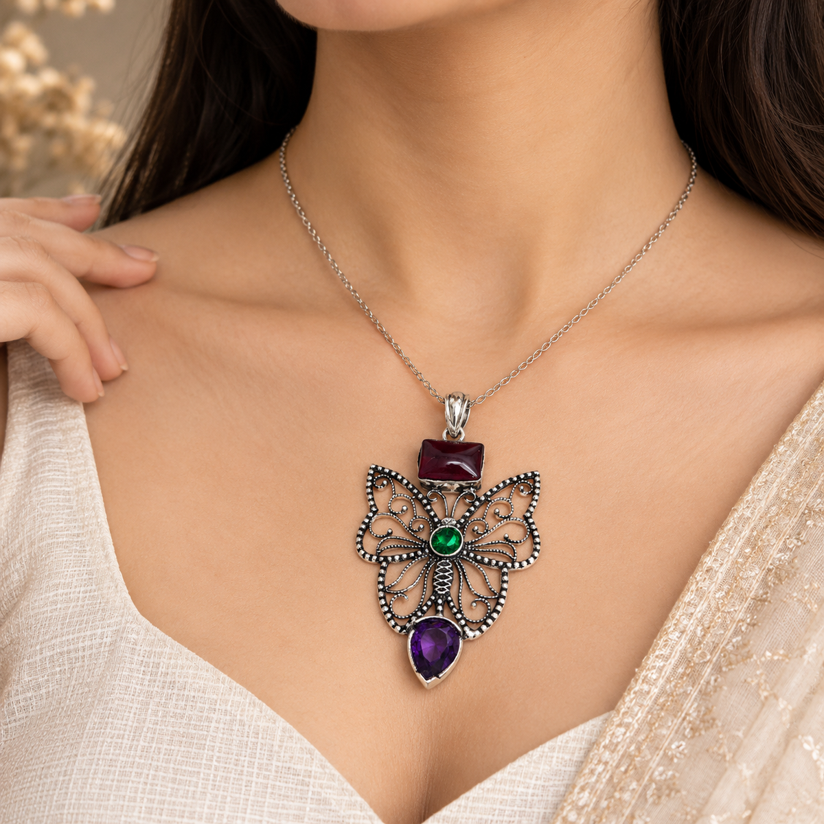 Multicolor Gemstone Butterfly Pendant Silver Boho Statement PEN334-SLV-LMUL03
