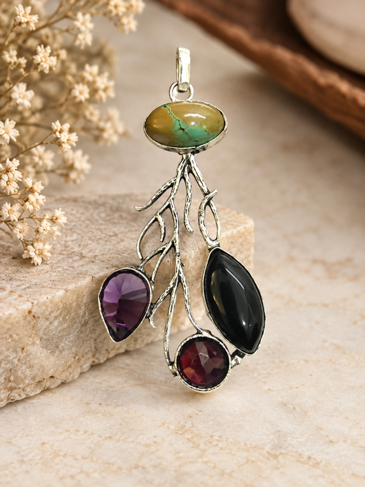 Turquoise Amethyst Garnet Pendant Silver Tone Boho Jewelry PEN342-SLV-NTQS-LMUL04