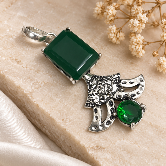 Green Emerald Pendant, Silver Tone Leaf Boho Statement Jewelry PEN343-SLV-LEMD-LCD02