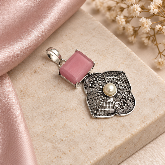 Pink Stone Pearl Pendant Vintage Floral Boho Statement Jewelry PEN346-SLV-LPMON-LPRL02