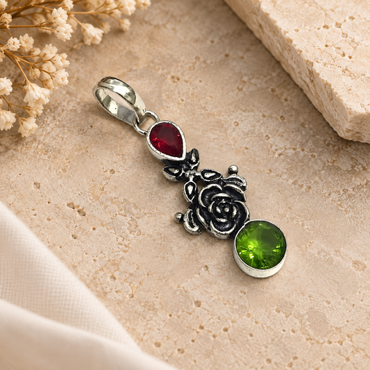 Garnet Peridot Floral Pendant Boho Vintage Silver Jewelry PEN352-SLV-LGR-LPD02