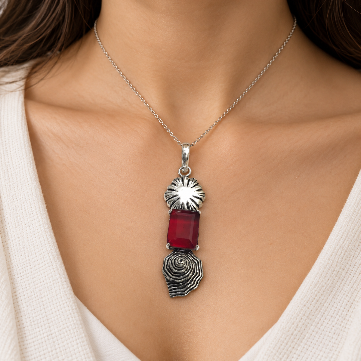 Red Gemstone Floral Pendant Statement Boho Silver Jewelry PEN356-SLV-LGR01