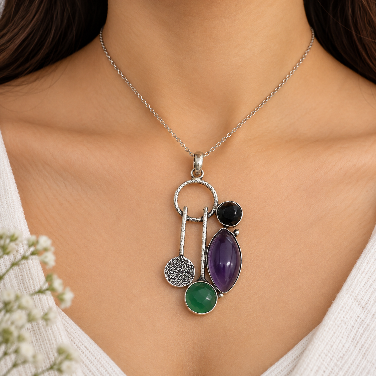 Amethyst Green Onyx Gemstone Pendant Boho Silver Jewelry PEN357-SLV-NAMT-LMUL03