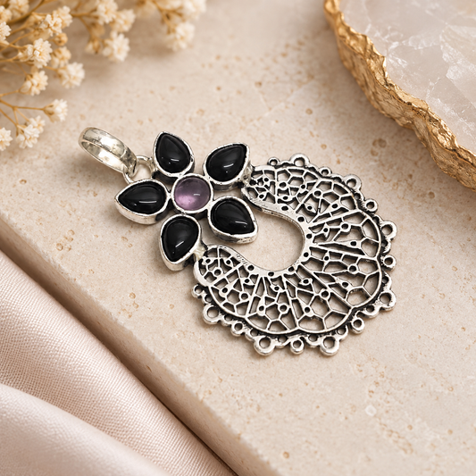 Black Onyx Amethyst Floral Pendant Boho Silver Tone Jewelry PEN361-SLV-LBO-LAMT06