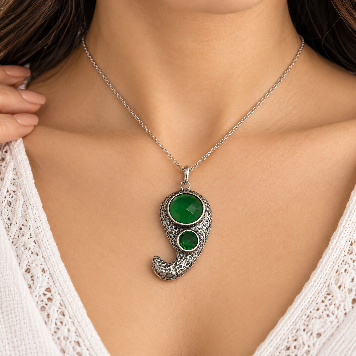 Green Gemstone Abstract Pendant Boho Silver Statement Jewelry PEN373-SLV-LCD02