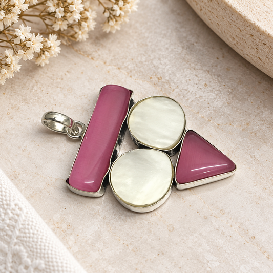 Pink Mother of Pearl Geometric Statement Pendant Boho Jewelry PEN375-SLV-LPOM-MOP04