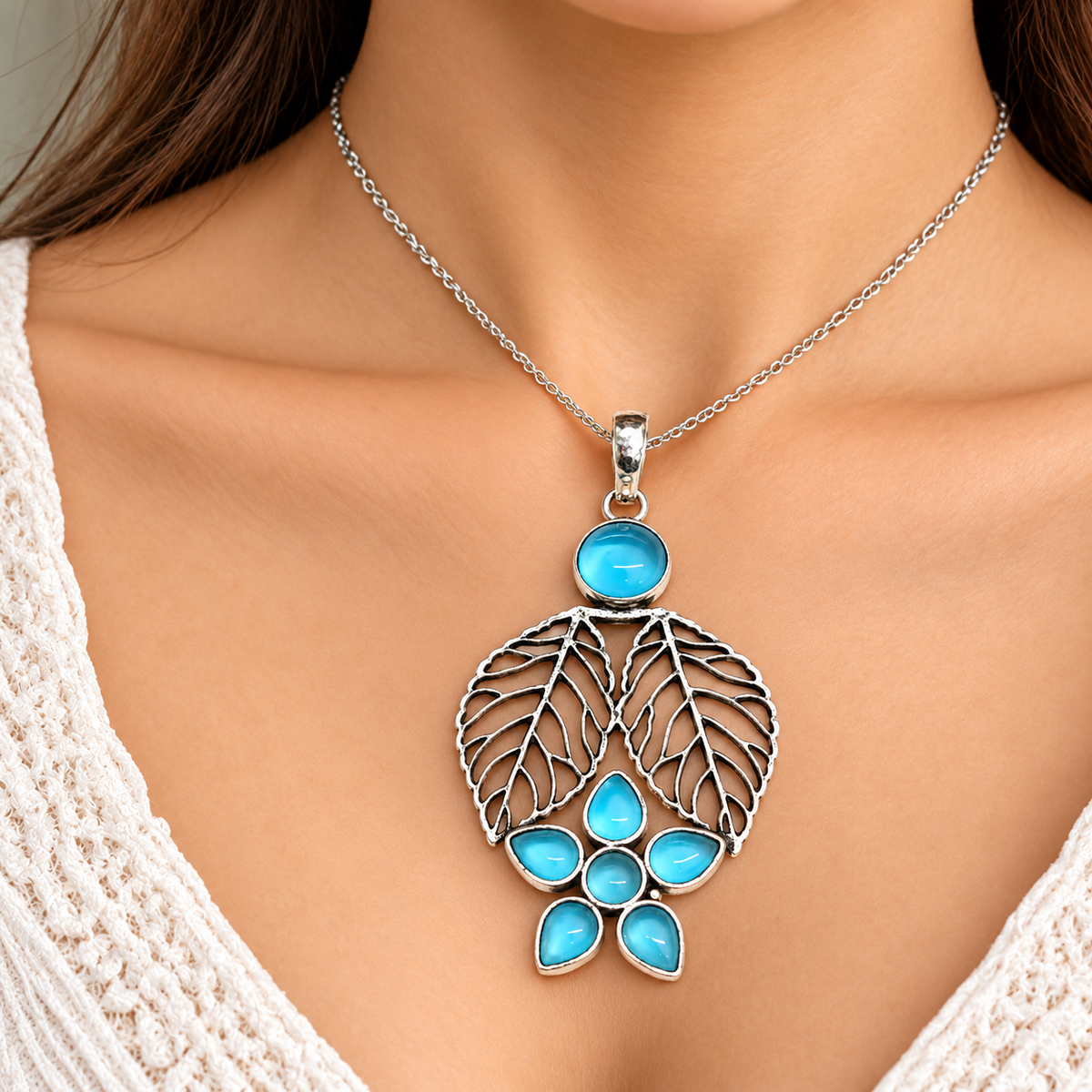 Blue Topaz Leaf Pendant, Floral Statement Boho Jewelry PEN376-SLV-LBT07