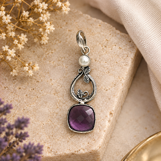 Amethyst Blue Stone Botanical Silver Pendant Boho Jewelry PEN395-SLV-LPRL-LAMT02