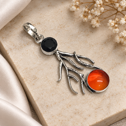 Black Orange Stone Silver Pendant Botanical Branch Jewelry PEN398-SLV-LQUA02