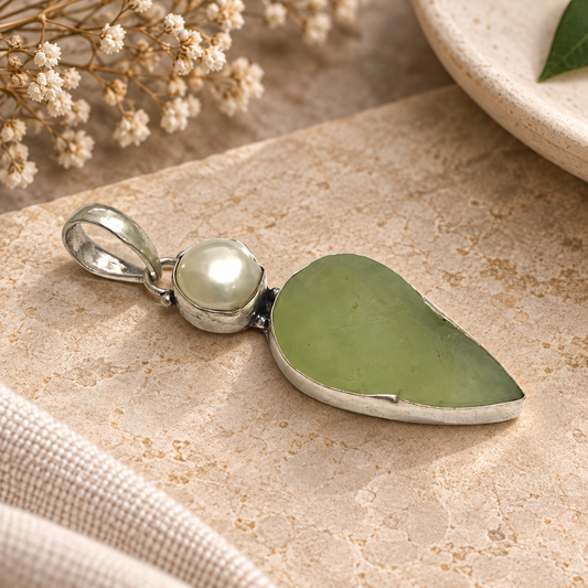 Green Prehnite Pearl Silver Pendant Natural Stone Boho Jewelry PEN404-SLV-NPR-NPRL02